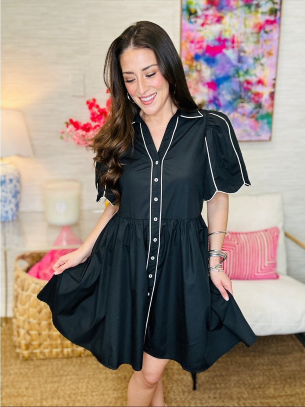entro Black Dress with White Piping Asymmetrical Hem
